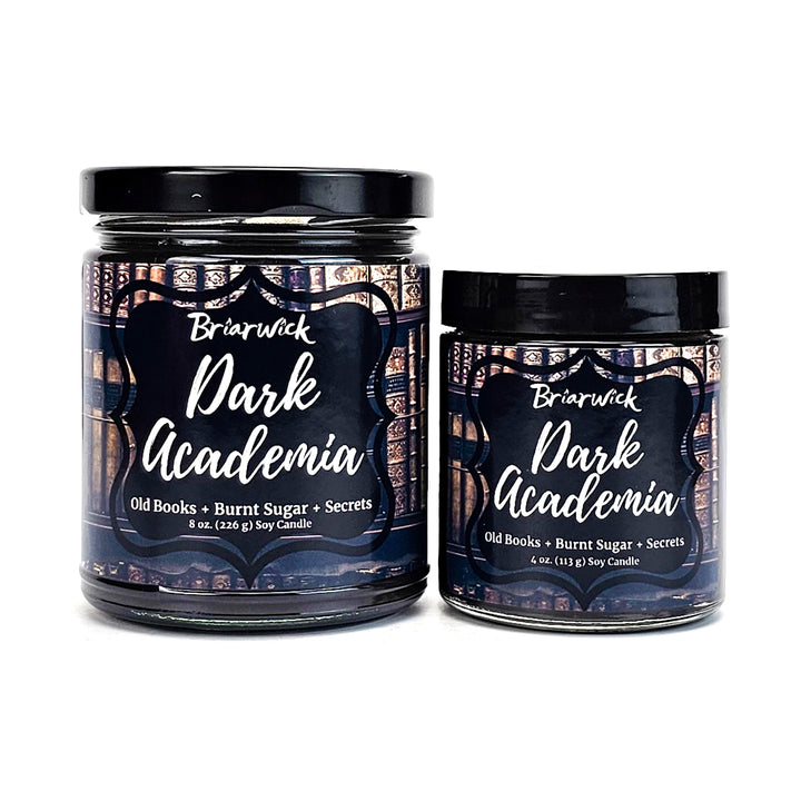 Dark Academia 8oz & 4oz espresso candles with brown library designs on a white background