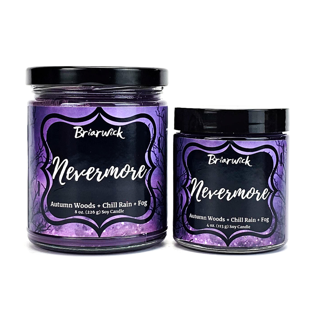 Nevermore 8oz & 4oz plum candles with purple night sky designs on a white background