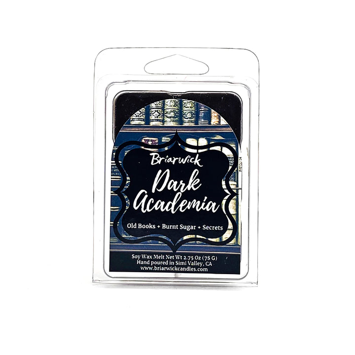 Dark Academia 2oz espresso Wax Melt with brown library design on a white background