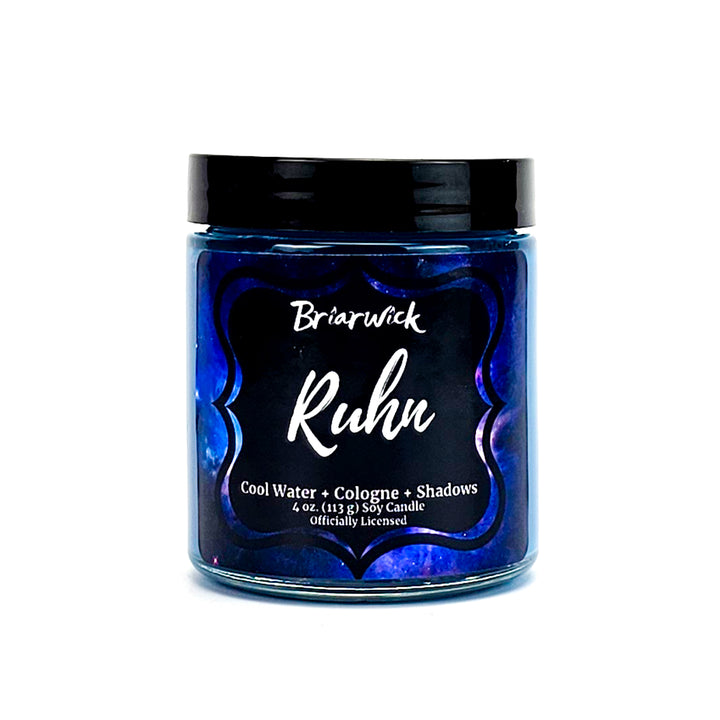 Ruhn 4oz cerulean candle with blue galaxy design on a white background