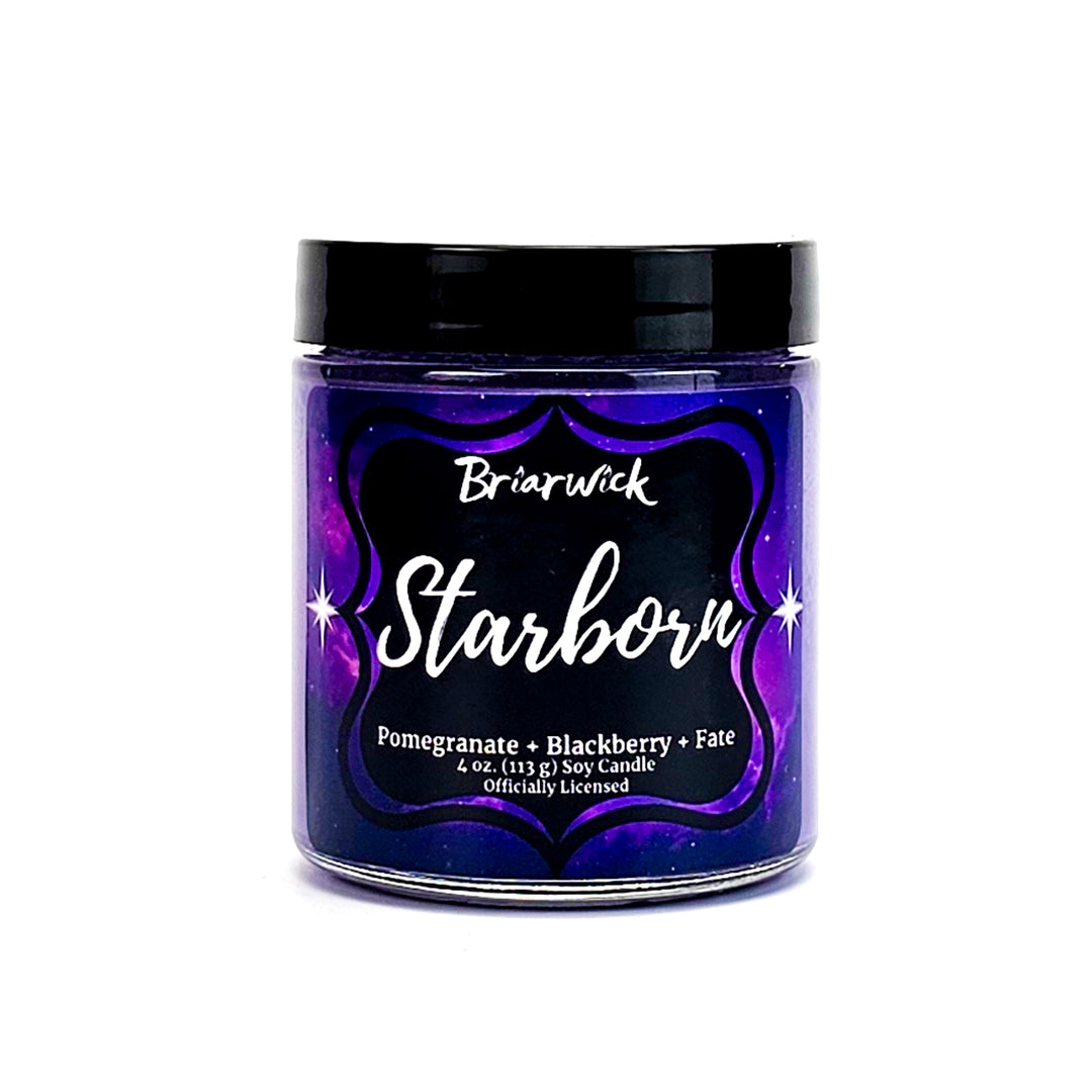 Starborn 4oz amethyst candle with purple galaxy design on a white background