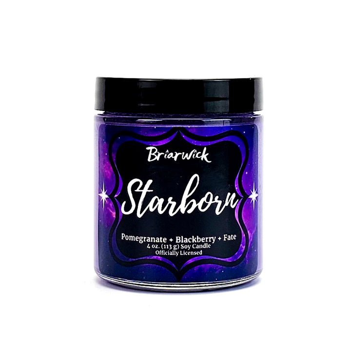 Starborn 4oz amethyst candle with purple galaxy design on a white background