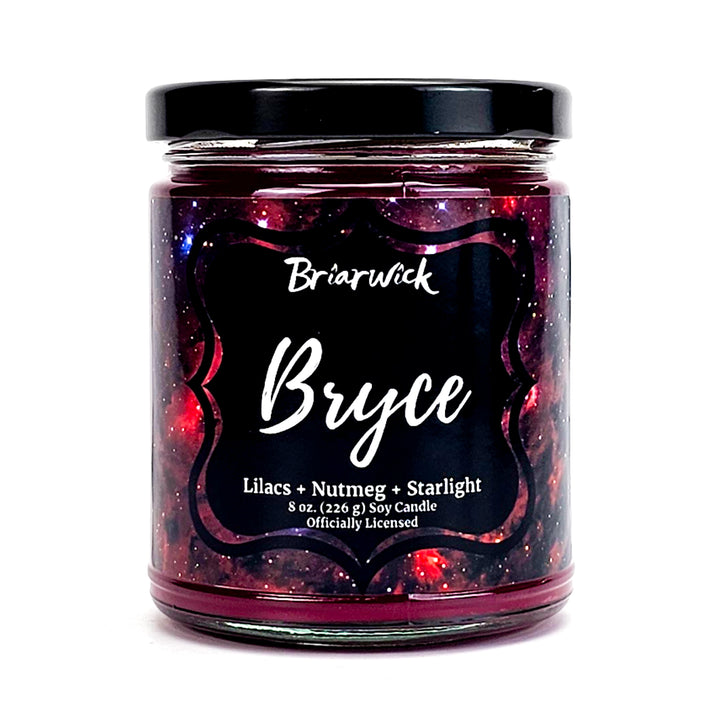 Bryce 8oz maroon candle with red galaxy design on a white background