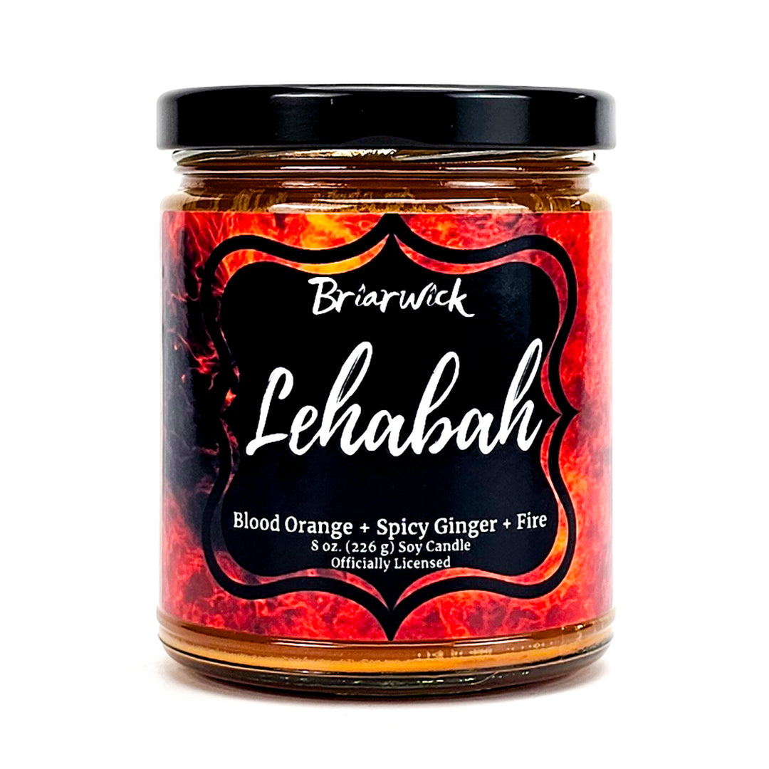 Lehabah 8oz copper candle with orange flame design on a white background