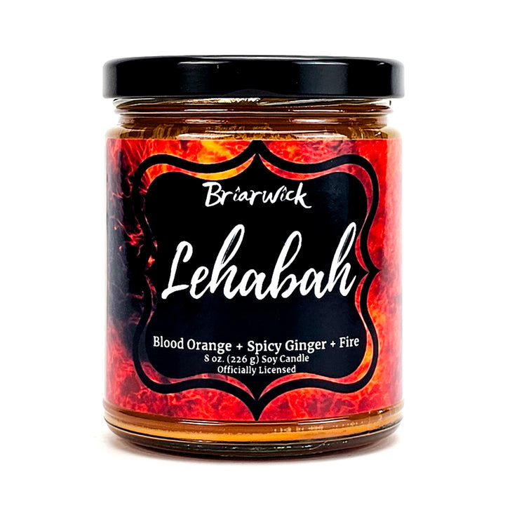 Lehabah 8oz copper candle with orange flame design on a white background