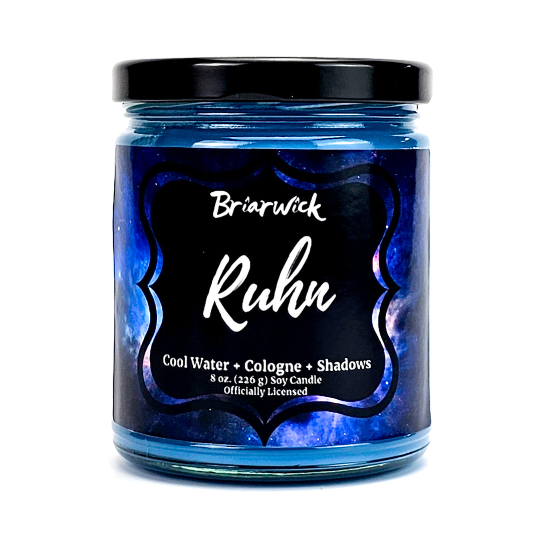 Ruhn 8oz cerulean candle with blue galaxy design on a white background