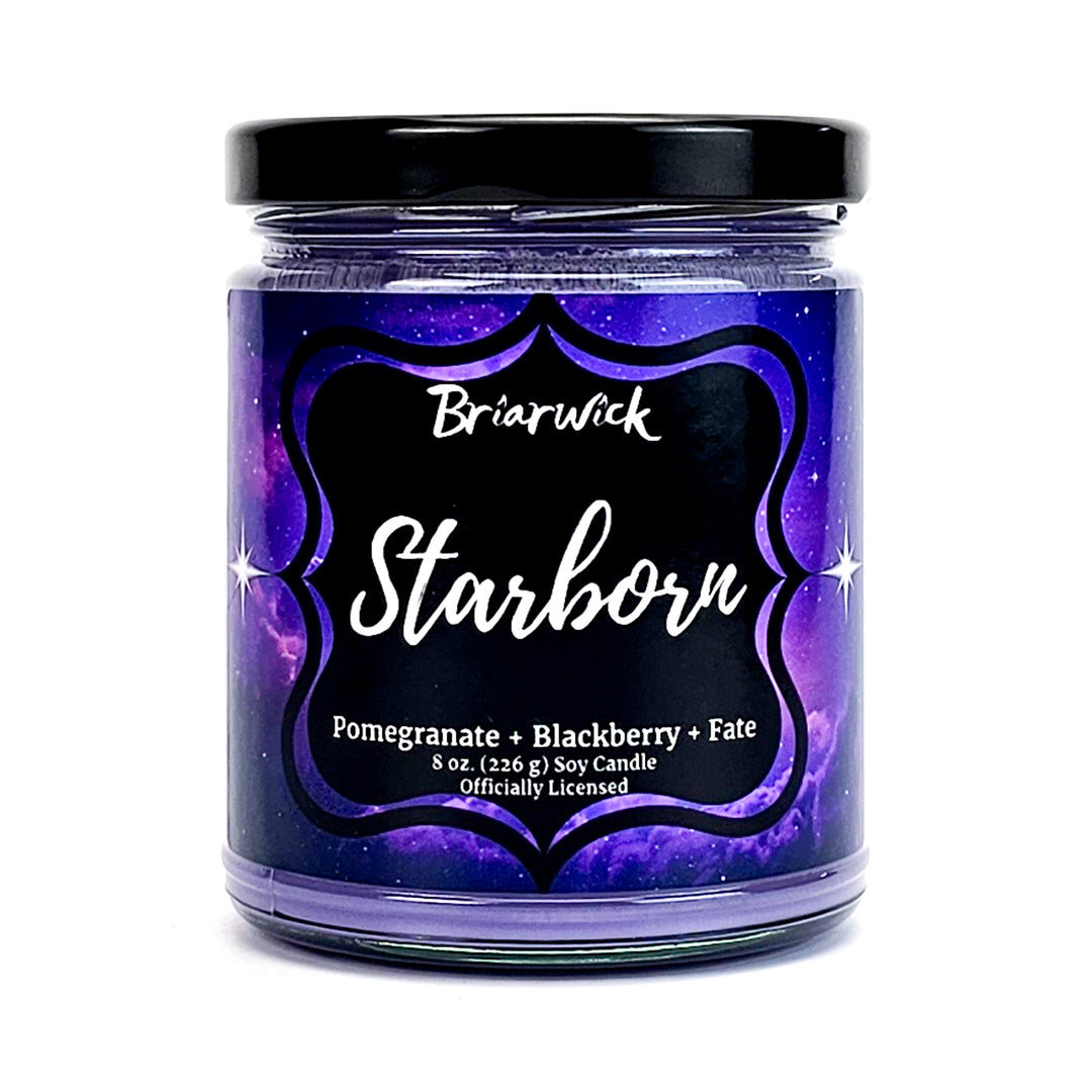 Starborn 8oz amethyst candle with purple galaxy design on a white background
