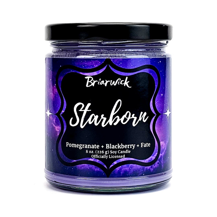 Starborn 8oz amethyst candle with purple galaxy design on a white background