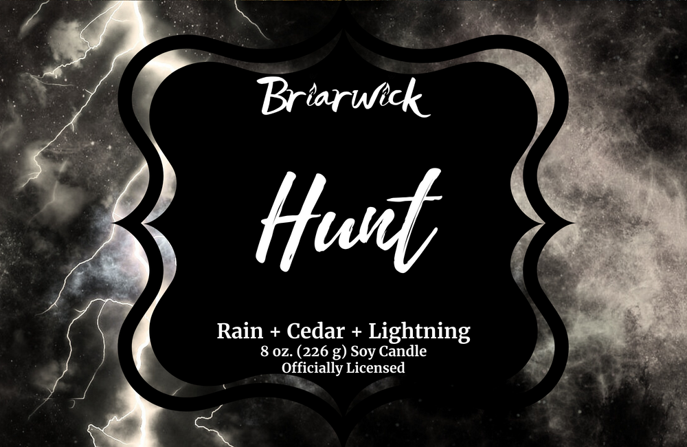 Hunt label with gray storm design