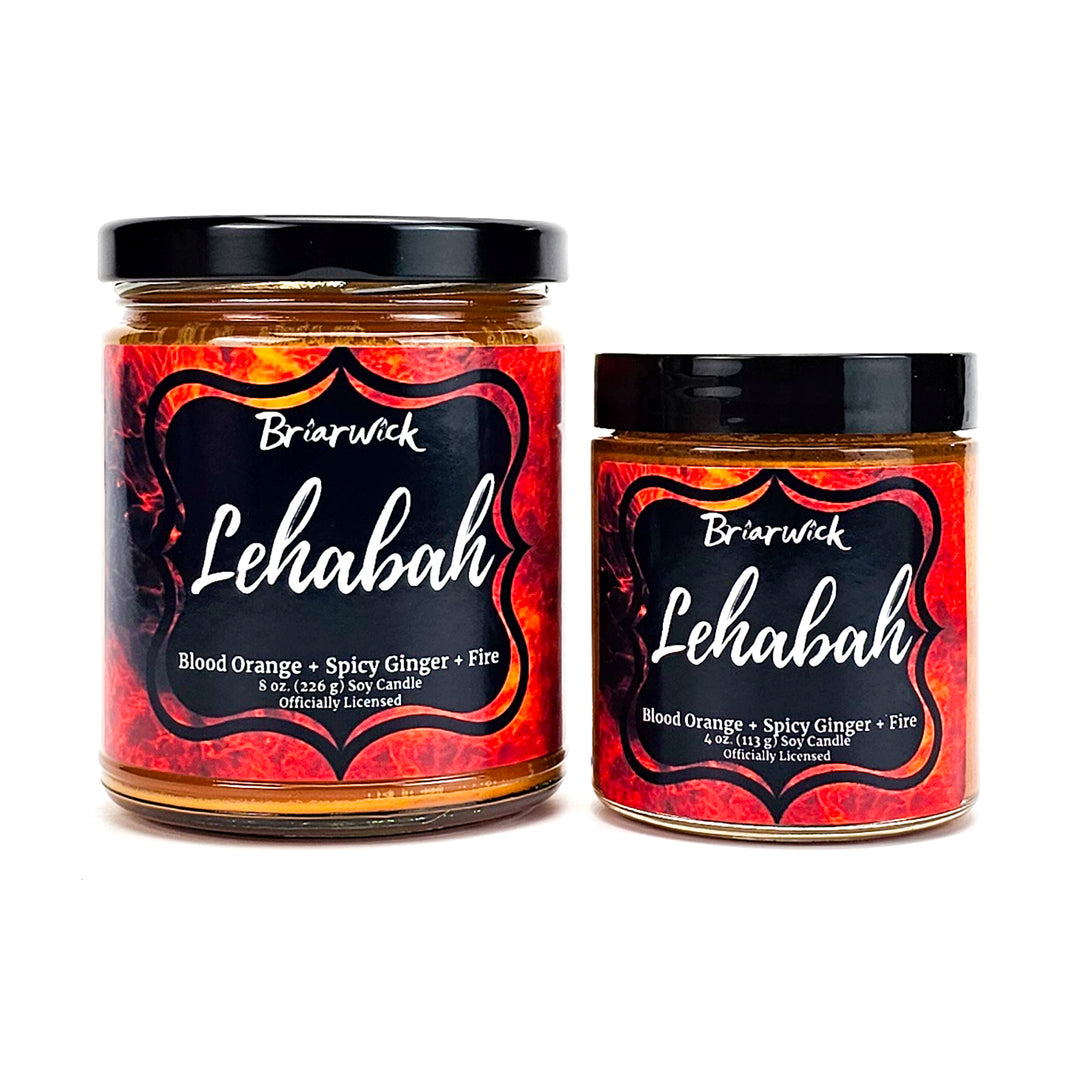 Lehabah 8oz & 4oz copper candle with orange flame design on a white background