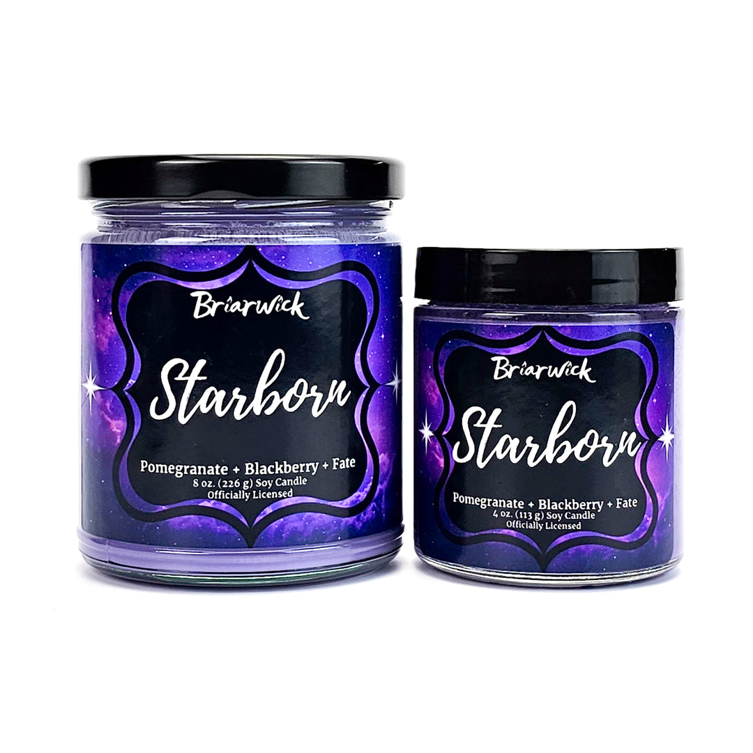 Starborn 8oz & 4oz amethyst candle with purple galaxy design on a white background