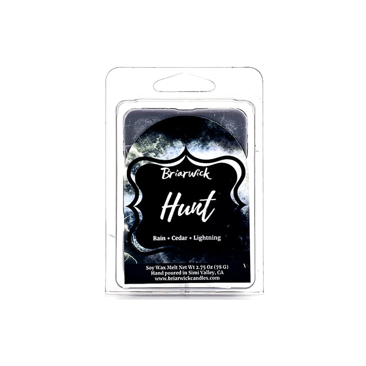 Hunt 2oz silver Wax Melt with gray storm design on a white background