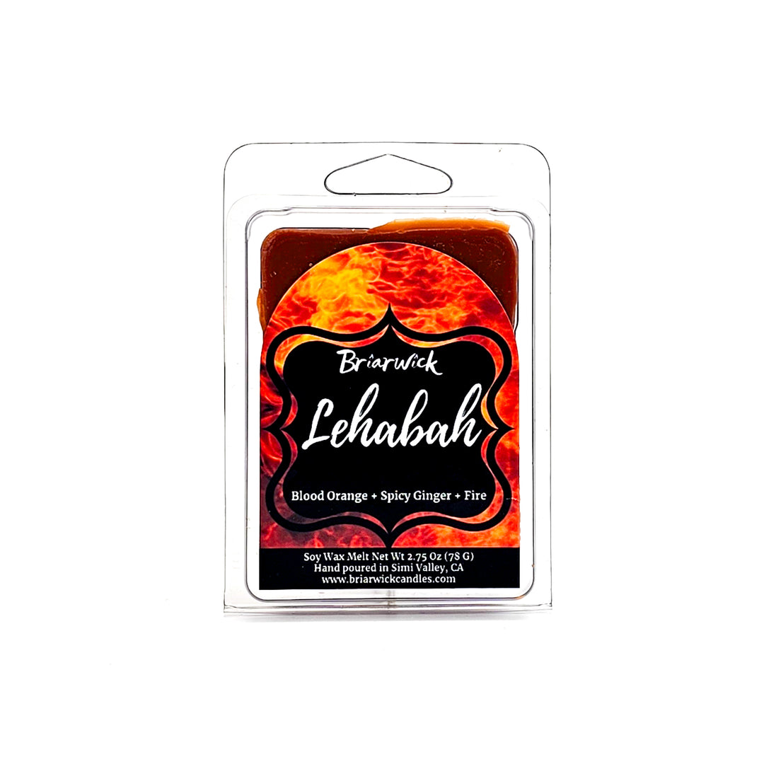 Lehabah 2oz copper Wax Melt with orange flame design on a white background