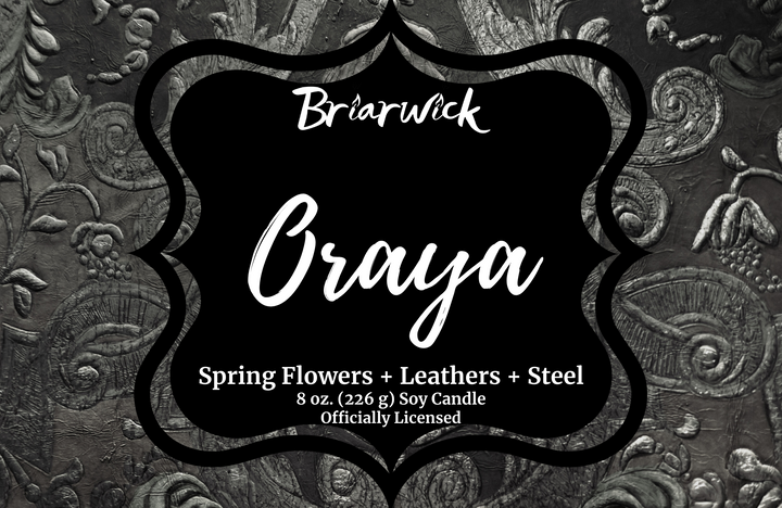 Oraya label with black ornamental design