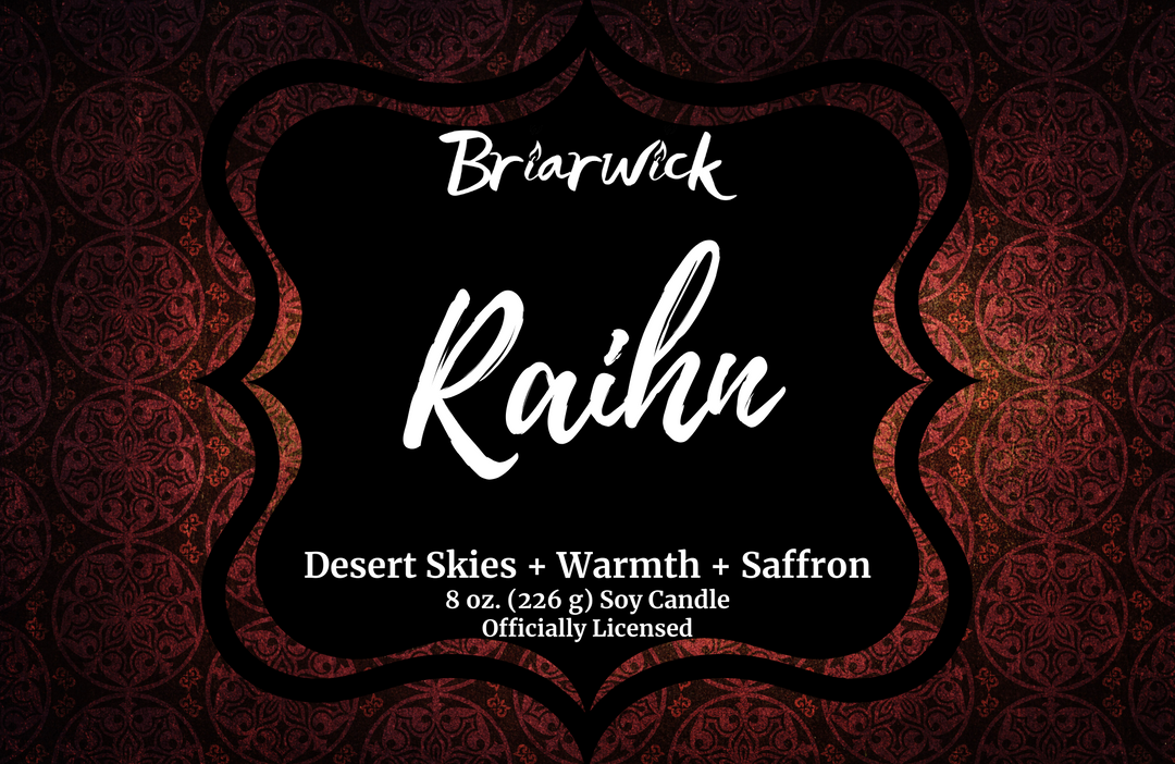 Raihn label with red ornamental design on a white background