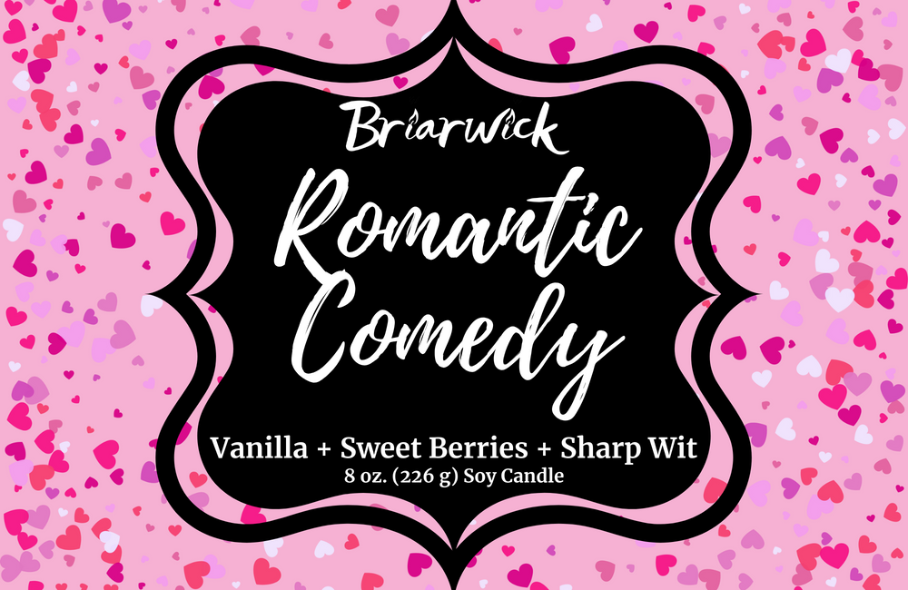a pink background with hearts and a black frame with the words branick romantic comedy