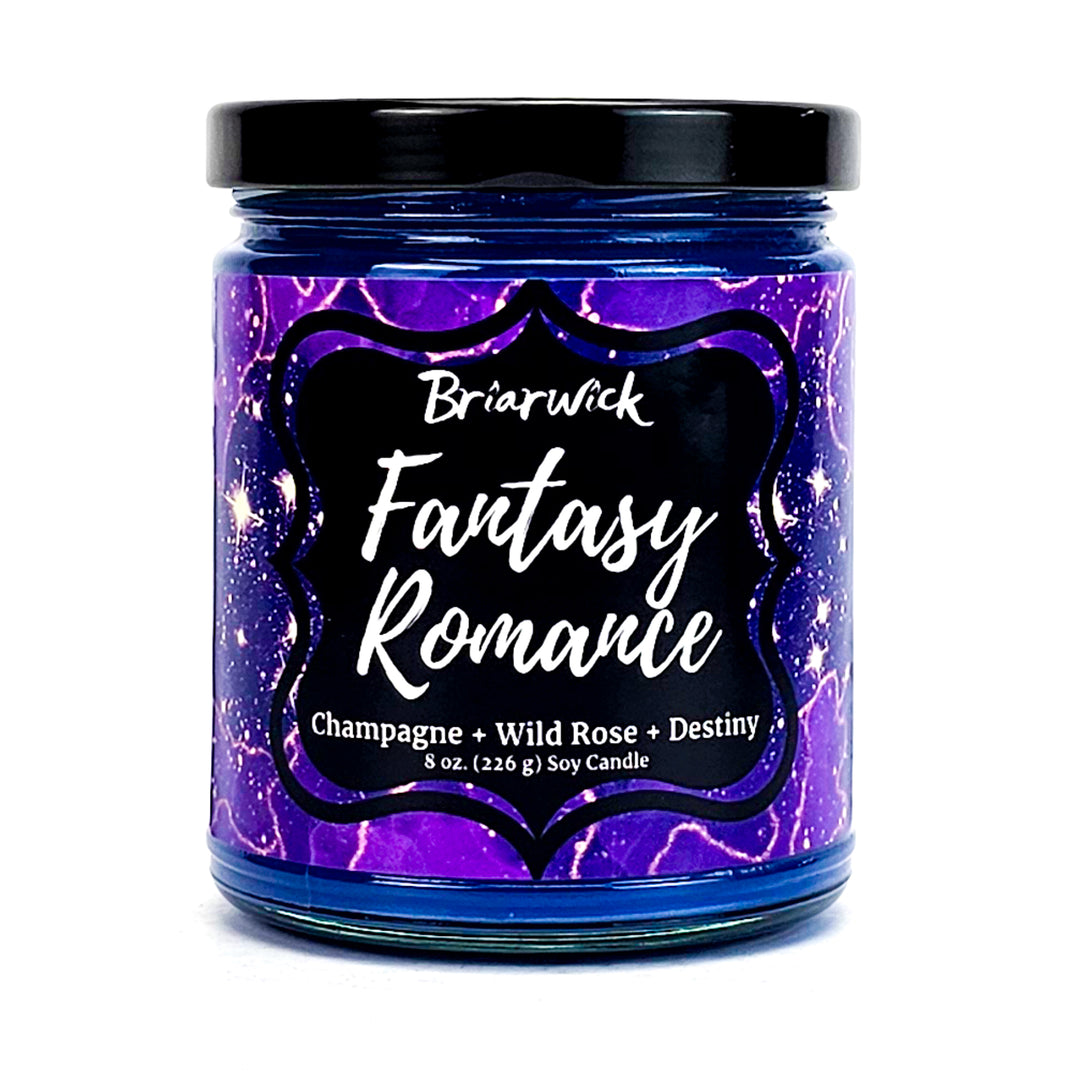 a jar of fantasy romance scented candle on a white background