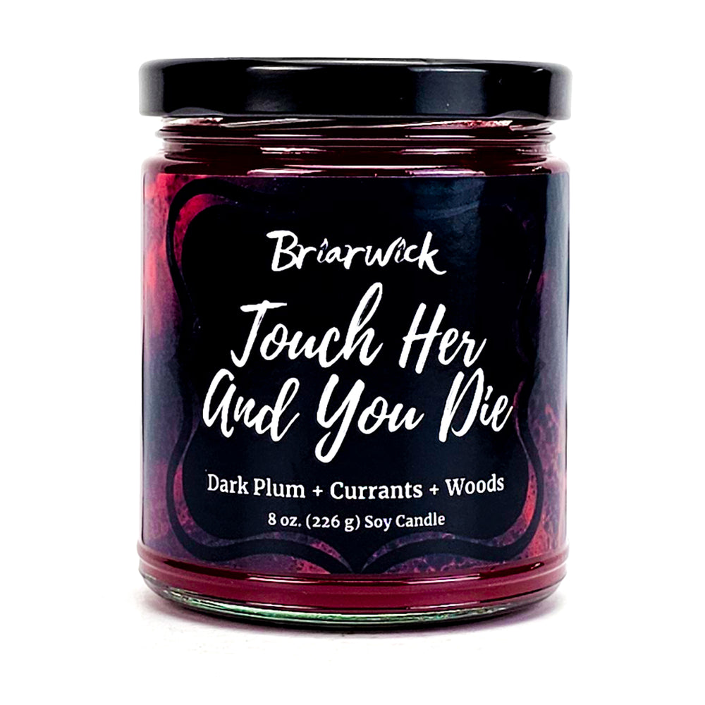 Touch Her and You Die 8oz scarlet candle with red textural design on a white background