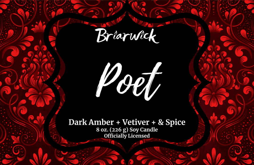 Poet label with red ornamental design