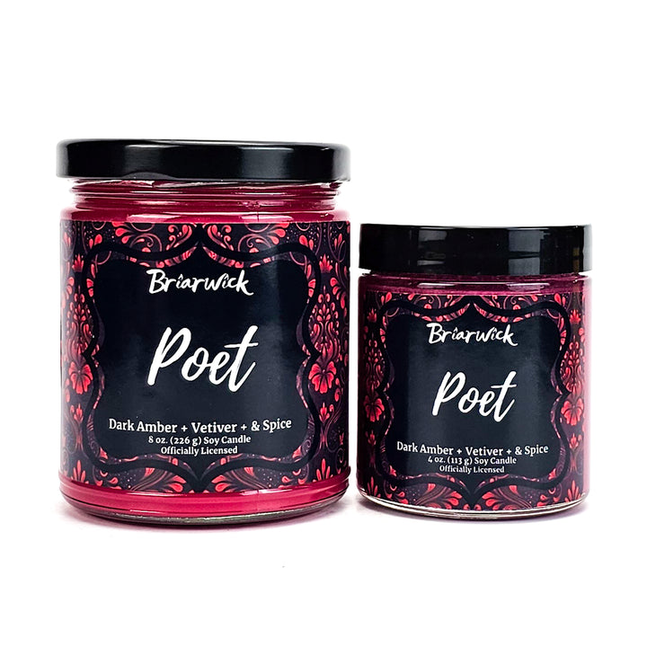 Poet 8oz & 4oz cherry red candles with red ornamental designs on a white background