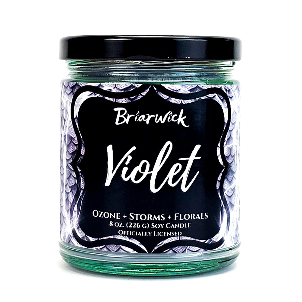 Violet 8oz slate gray candle with gray dragon scale design on a white background