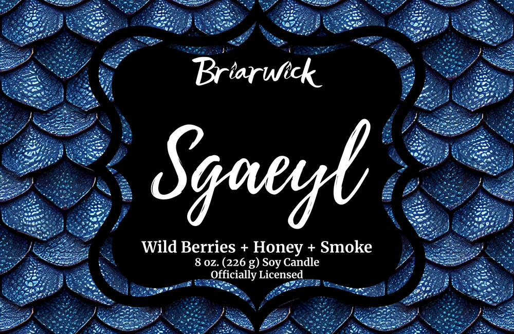 Sgaeyl label with blue dragon scale design