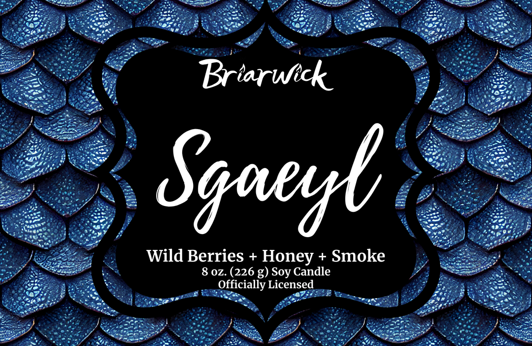 Sgaeyl label with blue dragon scale design