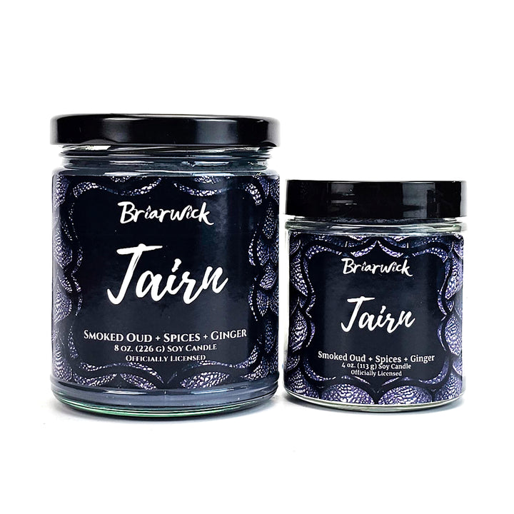 Tairn 8oz & 4oz flint gray candles with gray dragon scale designs on a white background