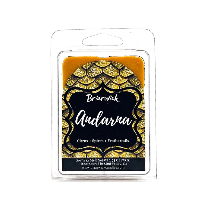 Andarna 2oz canary yellow Wax Melt with yellow dragon scale design on a white background
