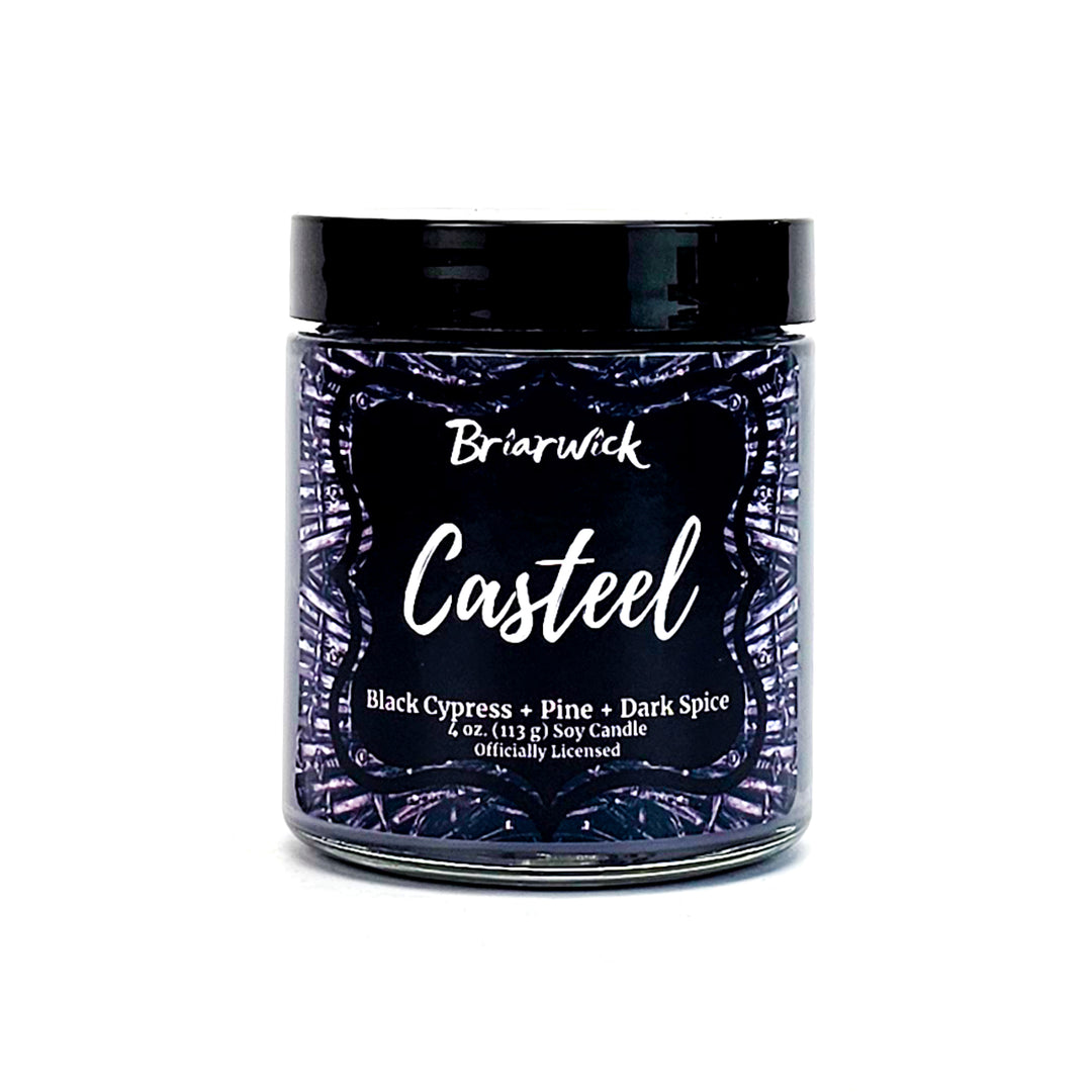 Casteel 4oz graphite candle with silver knife design on a white background