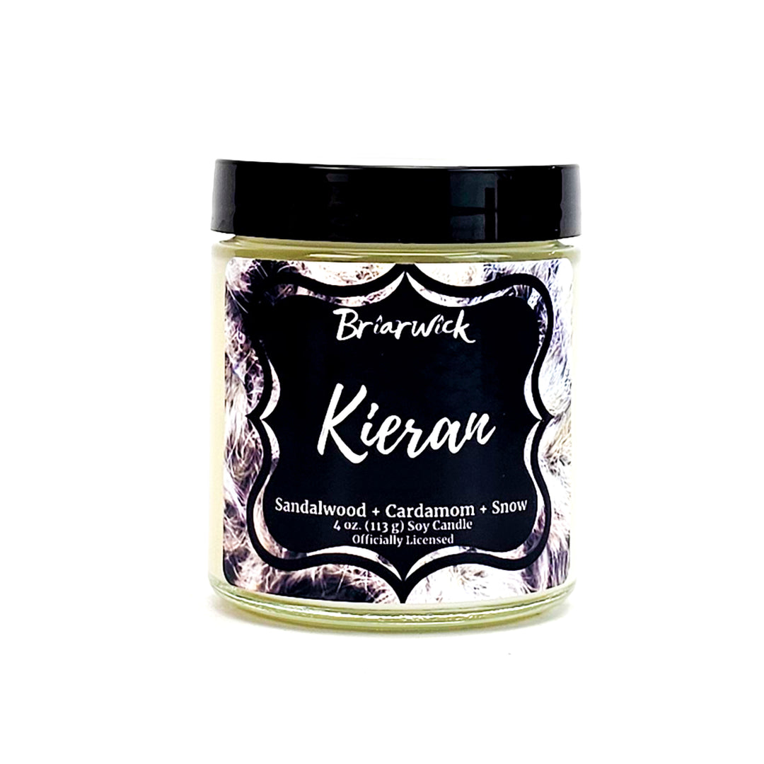 Kieran 4oz white candle with white feather design on a white background