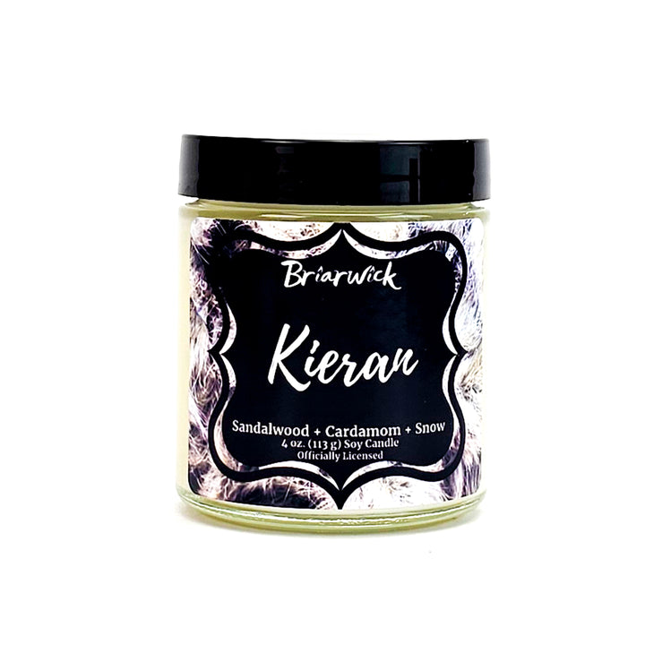 Kieran 4oz white candle with white feather design on a white background
