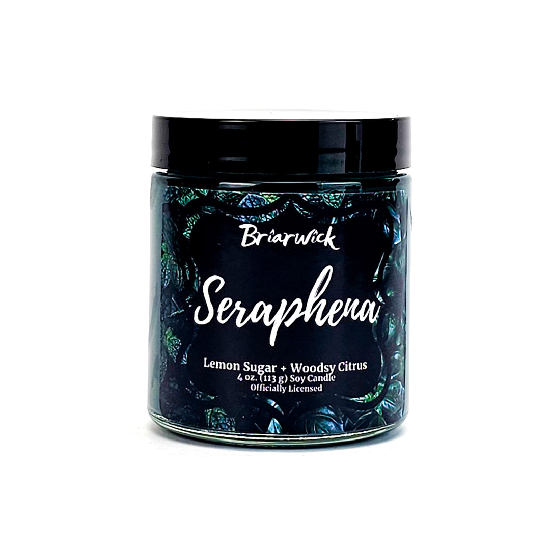 Seraphena 4oz dark olive candle with green leaf design on a white background