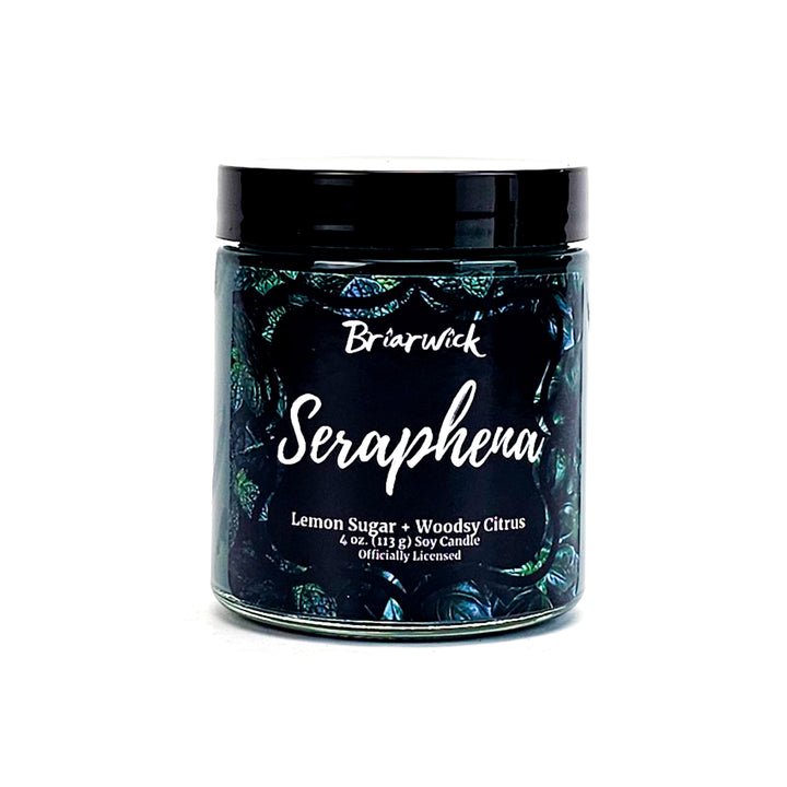 Seraphena 4oz dark olive candle with green leaf design on a white background