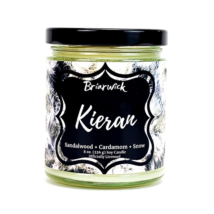Kieran 8oz white candle with white feather design on a white background