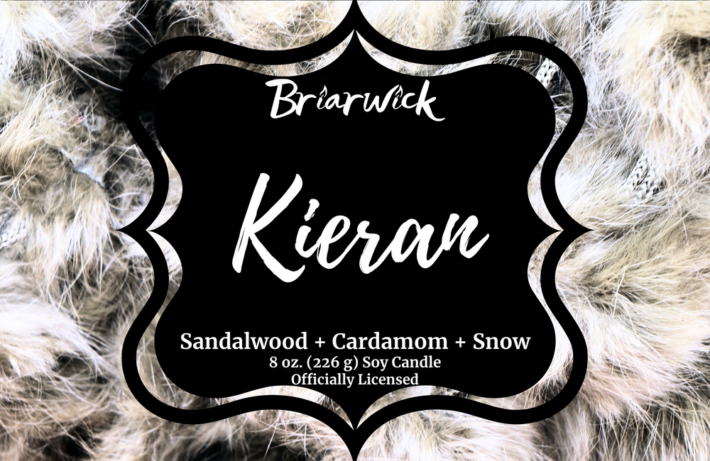 Kieran label with white feather design