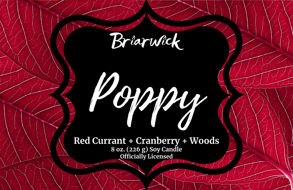 Poppy label with red leaf design