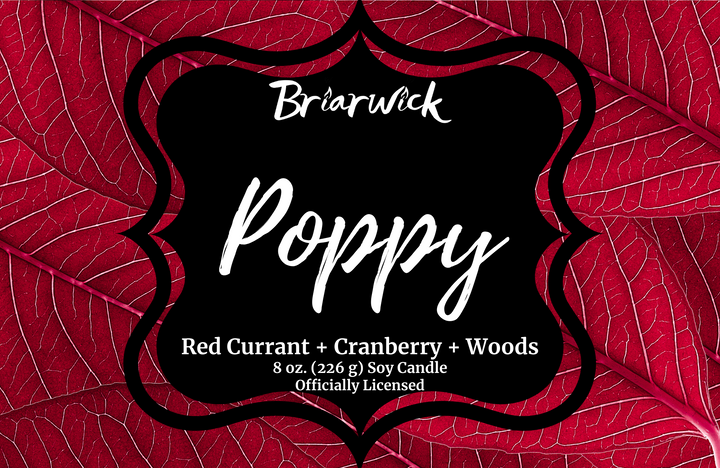 Poppy label with red leaf design