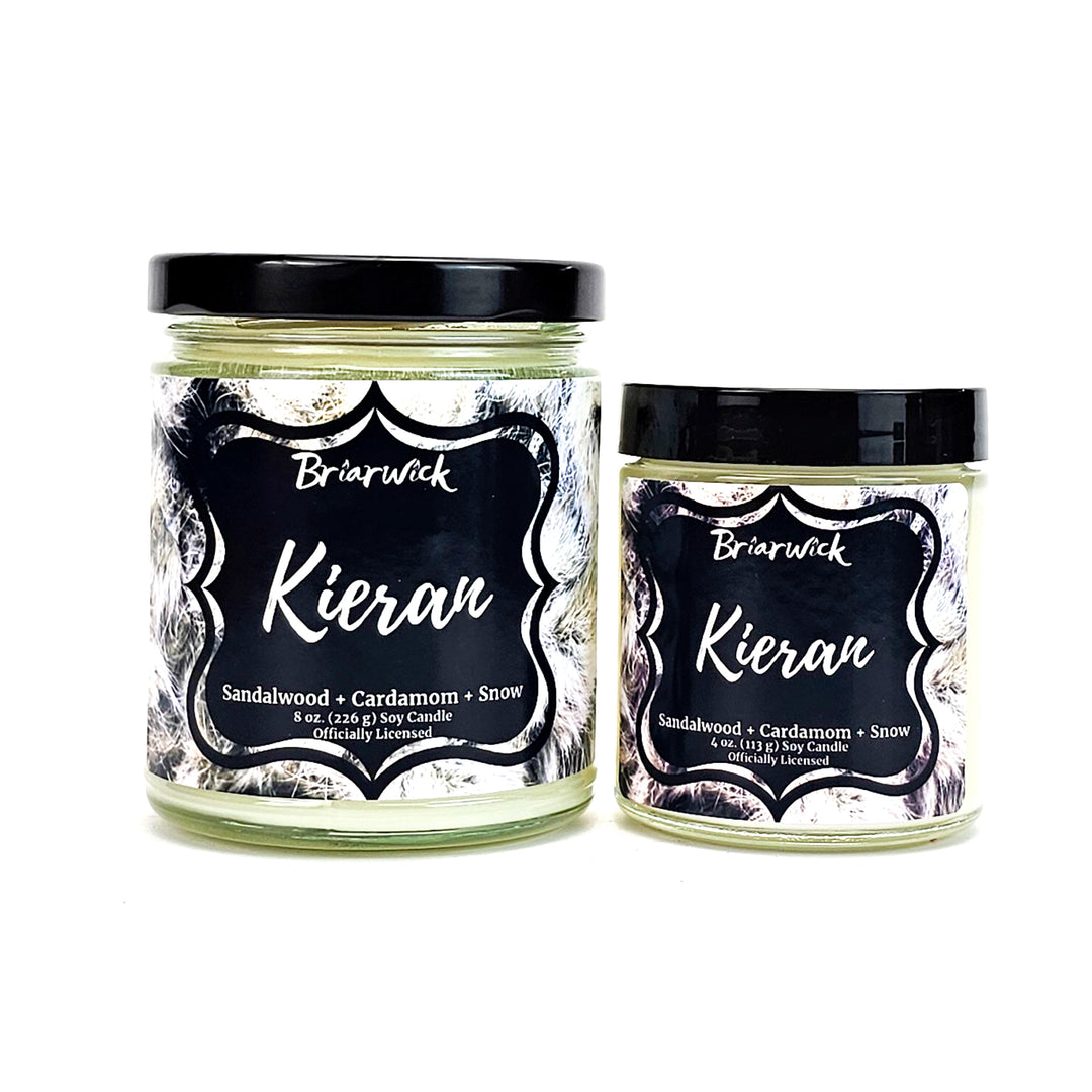 Kieran 8oz white candle with white feather design on a white background