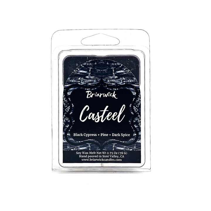 Casteel 2oz graphite Wax Melt with silver knife design on a white background