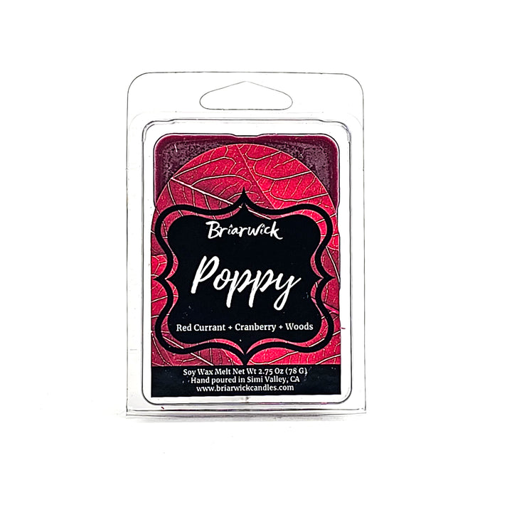 Poppy 2oz burgundy Wax Melt with red leaf design on a white background