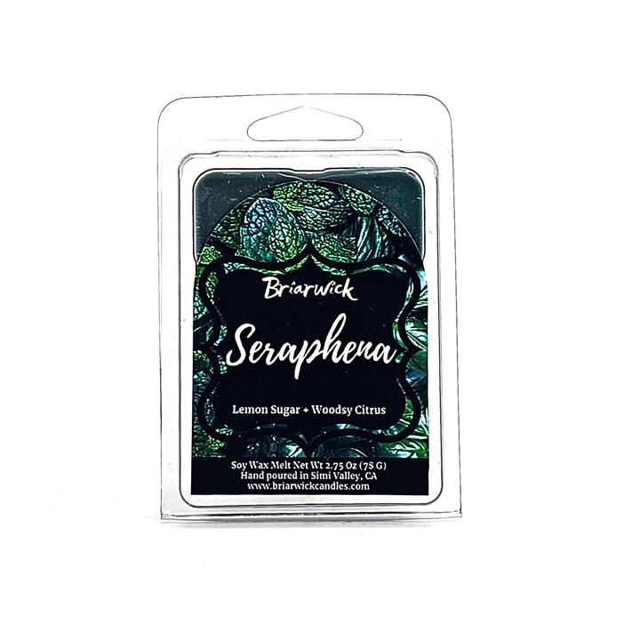 Seraphena 2oz dark olive Wax Melt with green leaf design on a white background