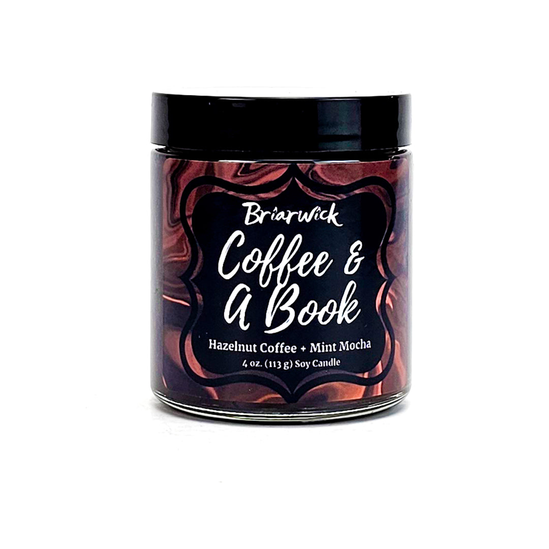 Coffee & A Book 4oz walnut brown candle with brown liquid design on a white background