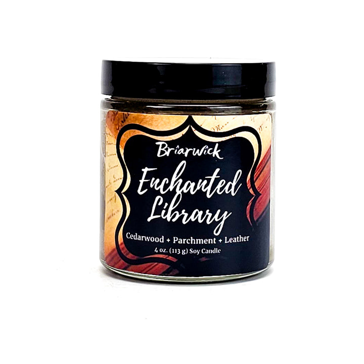 Enchanted Library 4oz brown candle with an open book design on a white background