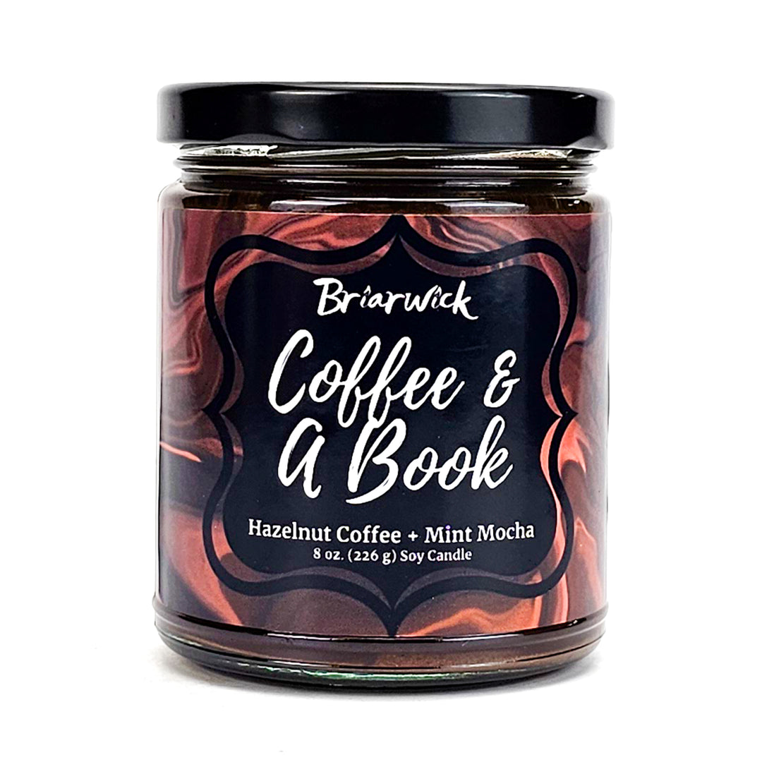 Coffee & A Book 8oz walnut brown candle with brown liquid design on a white background