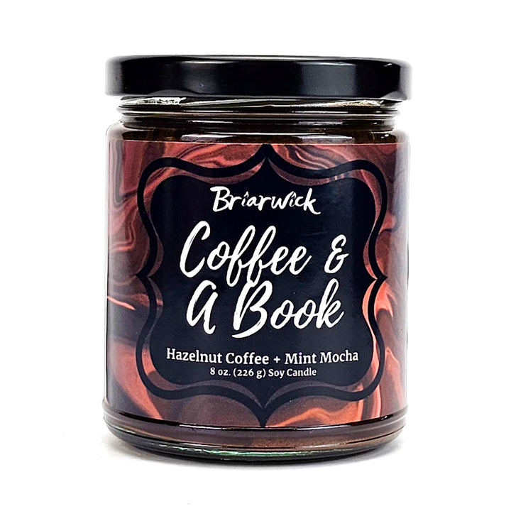 Coffee & A Book 8oz walnut brown candle with brown liquid design on a white background