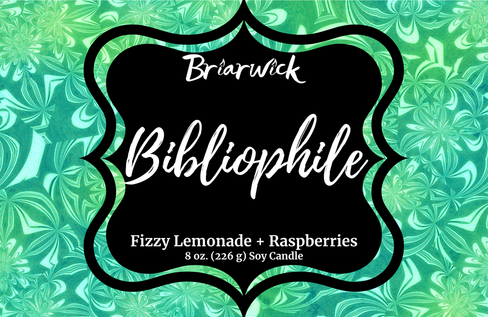Bibliophile label with green patterned design on a white background