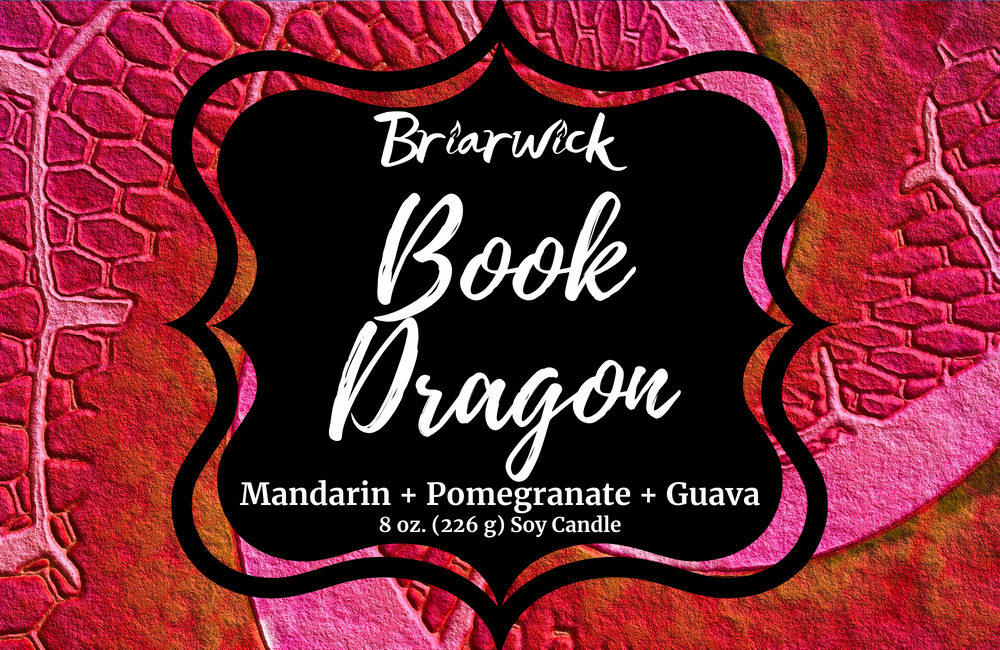 Book Dragon label with maroon scale design