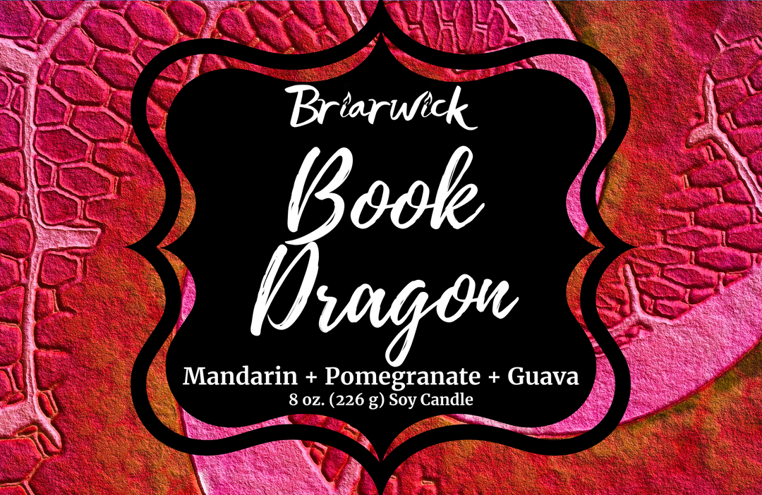 Book Dragon label with maroon scale design