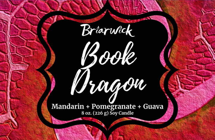 Book Dragon label with maroon scale design